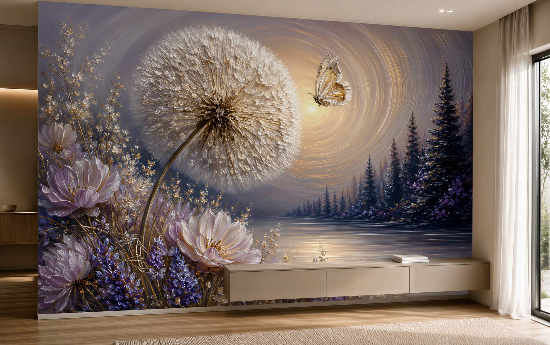 Papier peint pissenlit avec un papillon