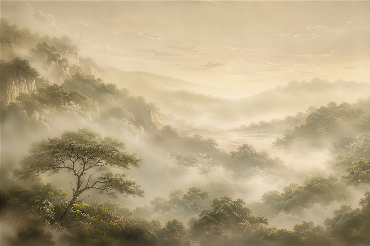 Papier peint paysage forestier brumeux