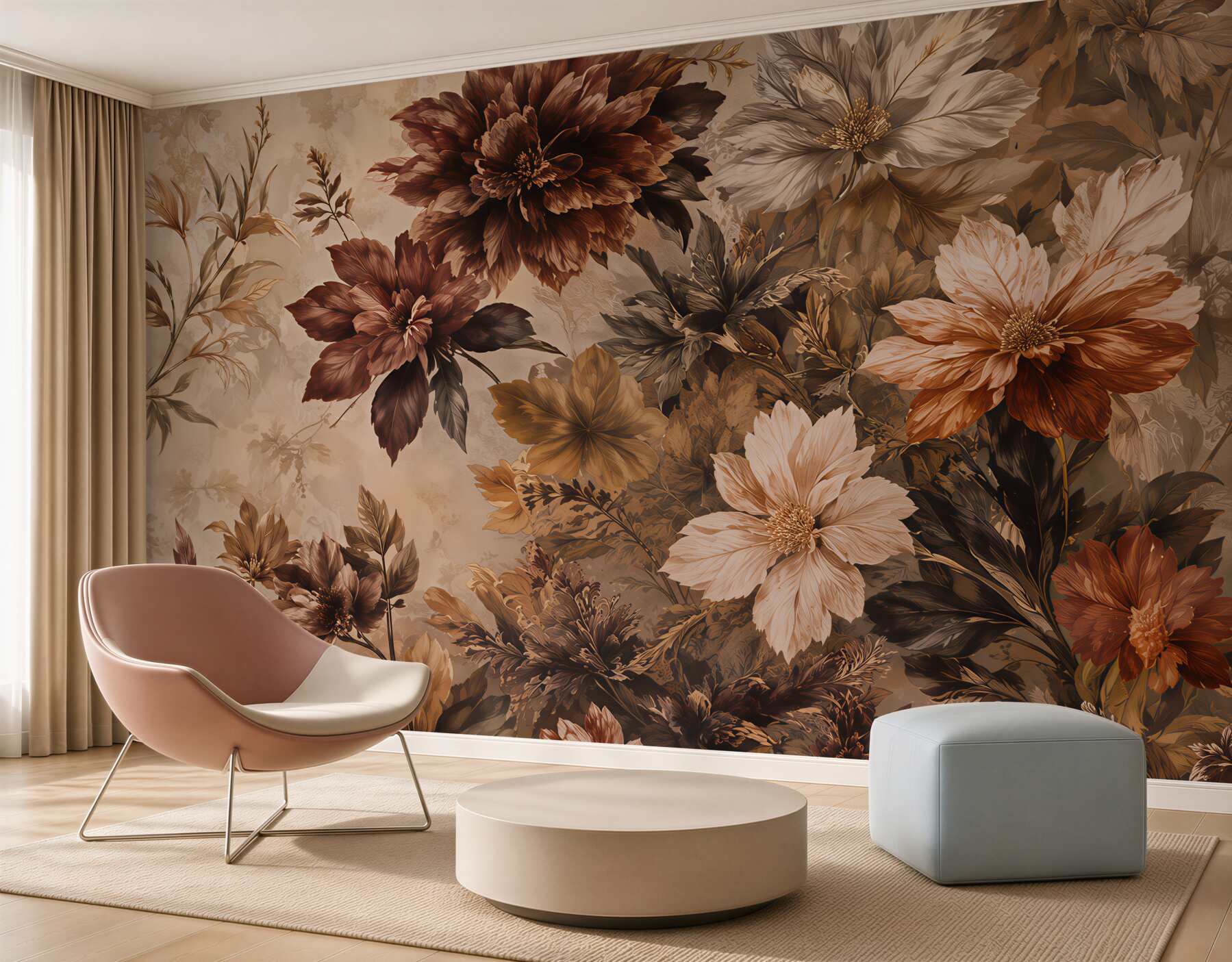 Papier peint fleurs dans des tons bruns