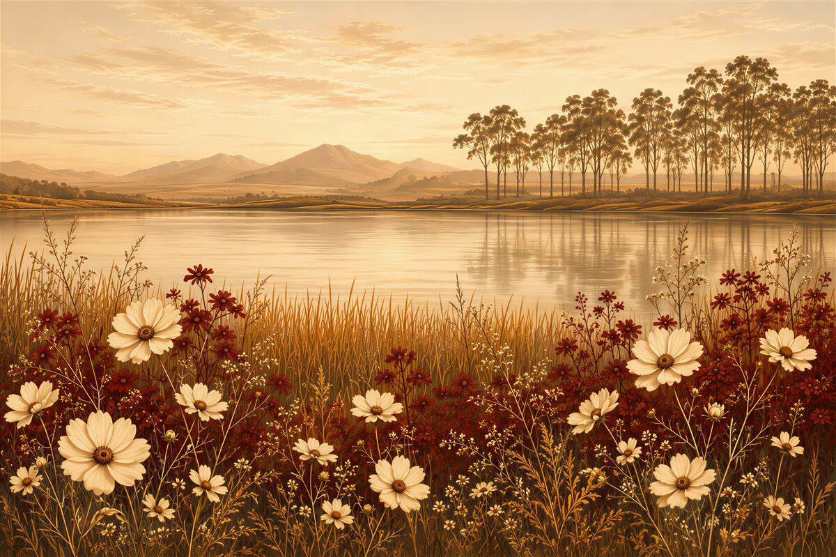 Papier peint paysage avec des fleurs au bord du lac