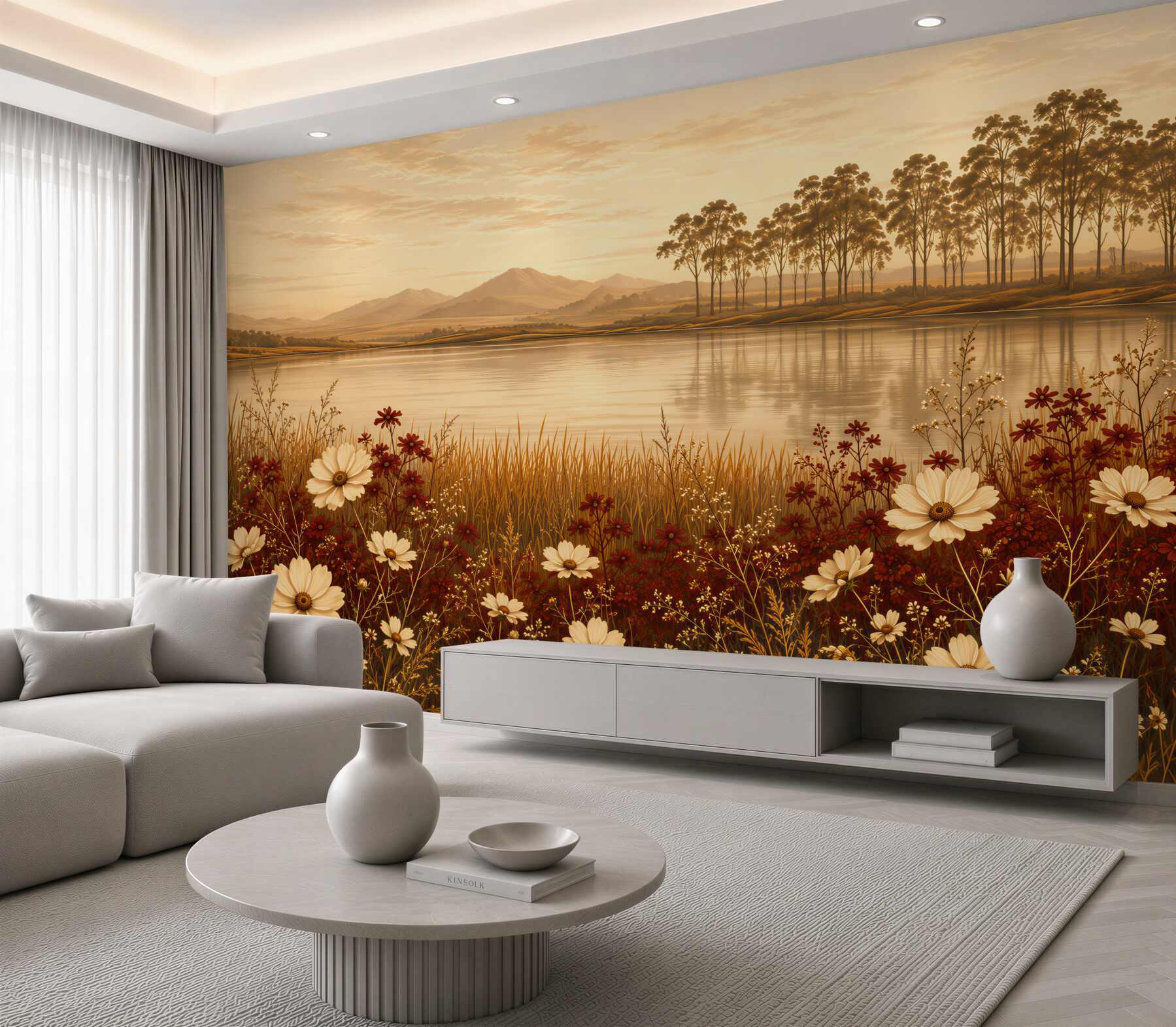 Papier peint paysage avec des fleurs au bord du lac