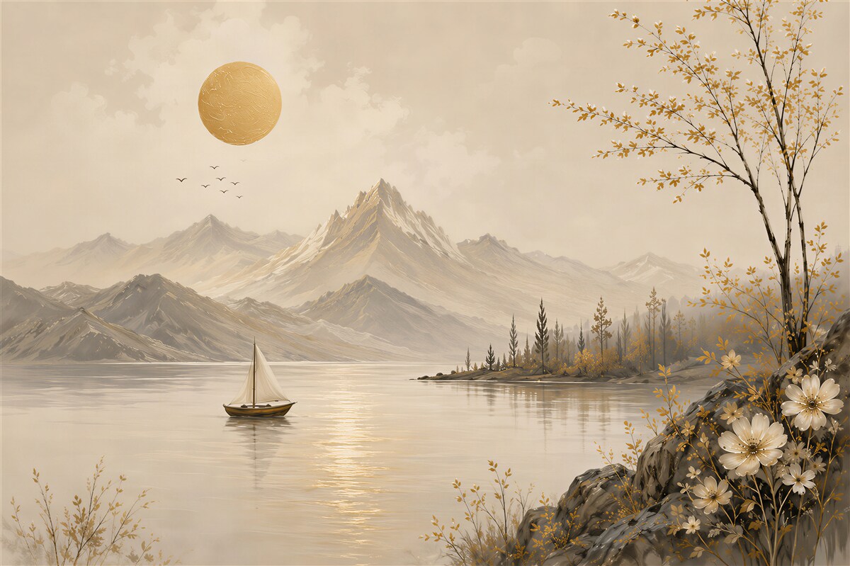 Papier peint paysage de montagne avec voilier