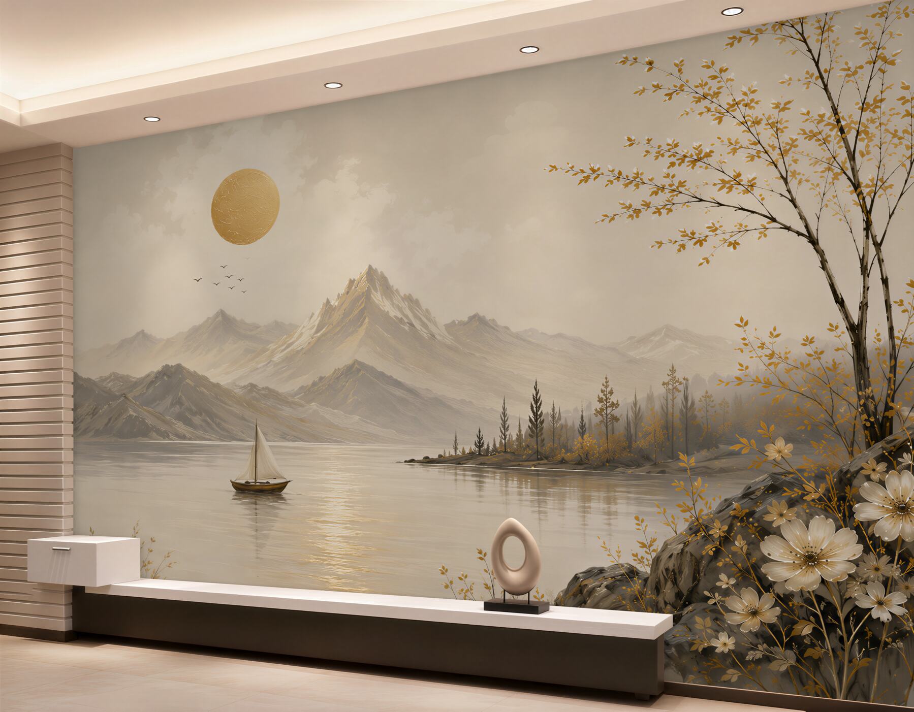 Papier peint paysage de montagne avec voilier