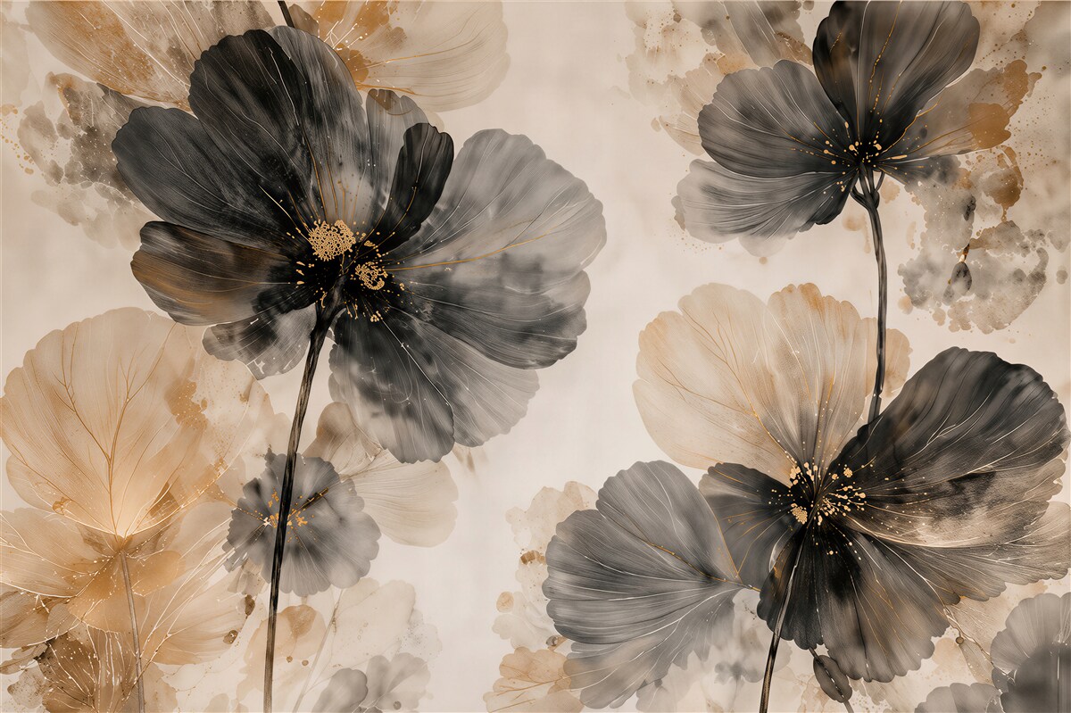 Papier peint fleurs dans des nuances de gris et d'or