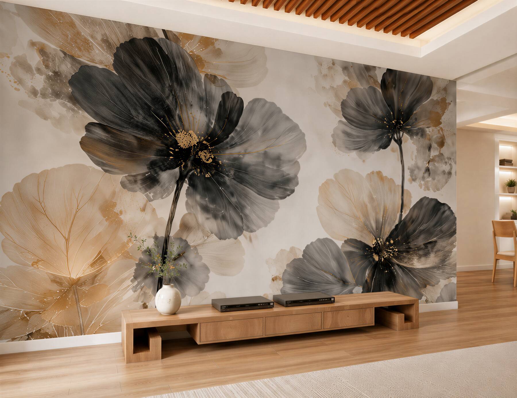 Papier peint fleurs dans des nuances de gris et d'or