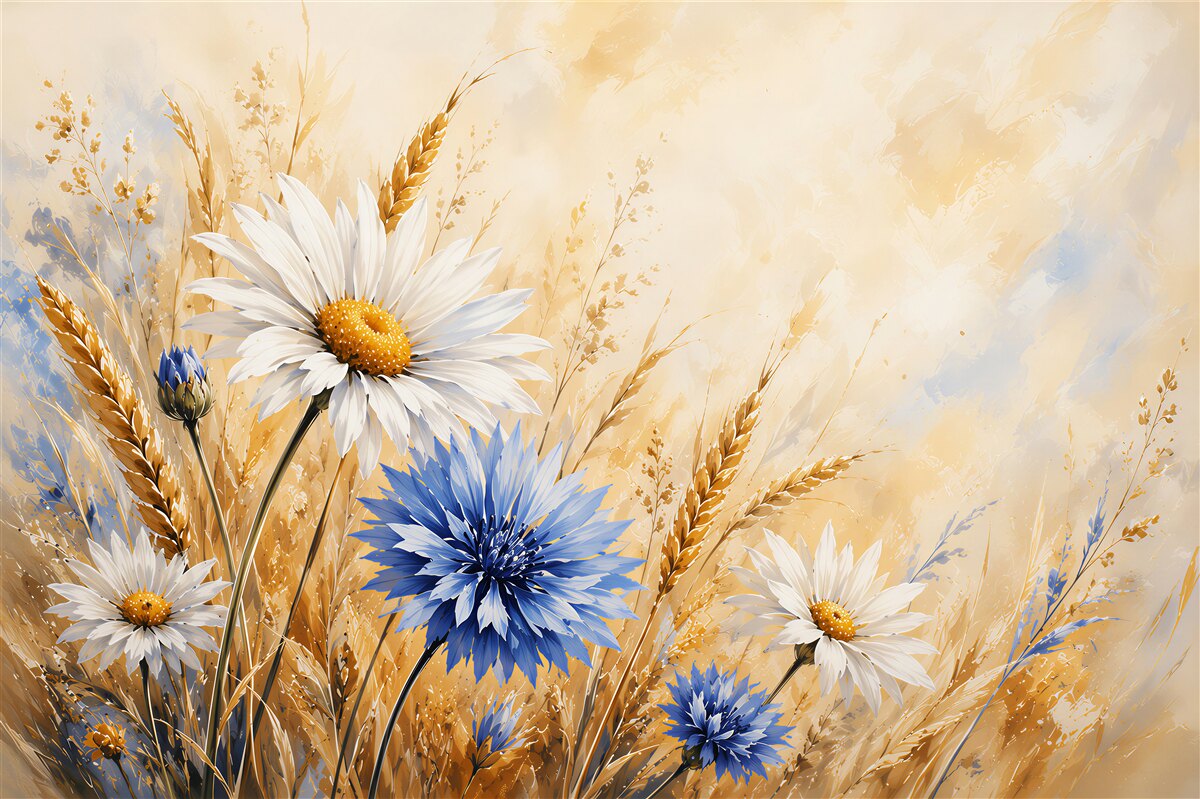 Papier peint marguerites blanc-bleu et épis