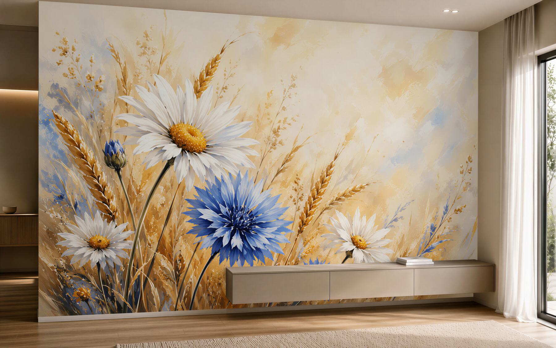 Papier peint marguerites blanc-bleu et épis