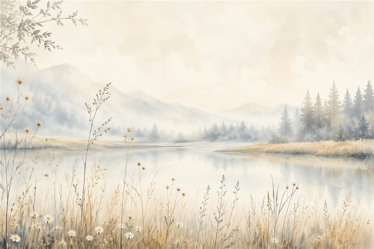 Papier peint paysage brumeux avec lac