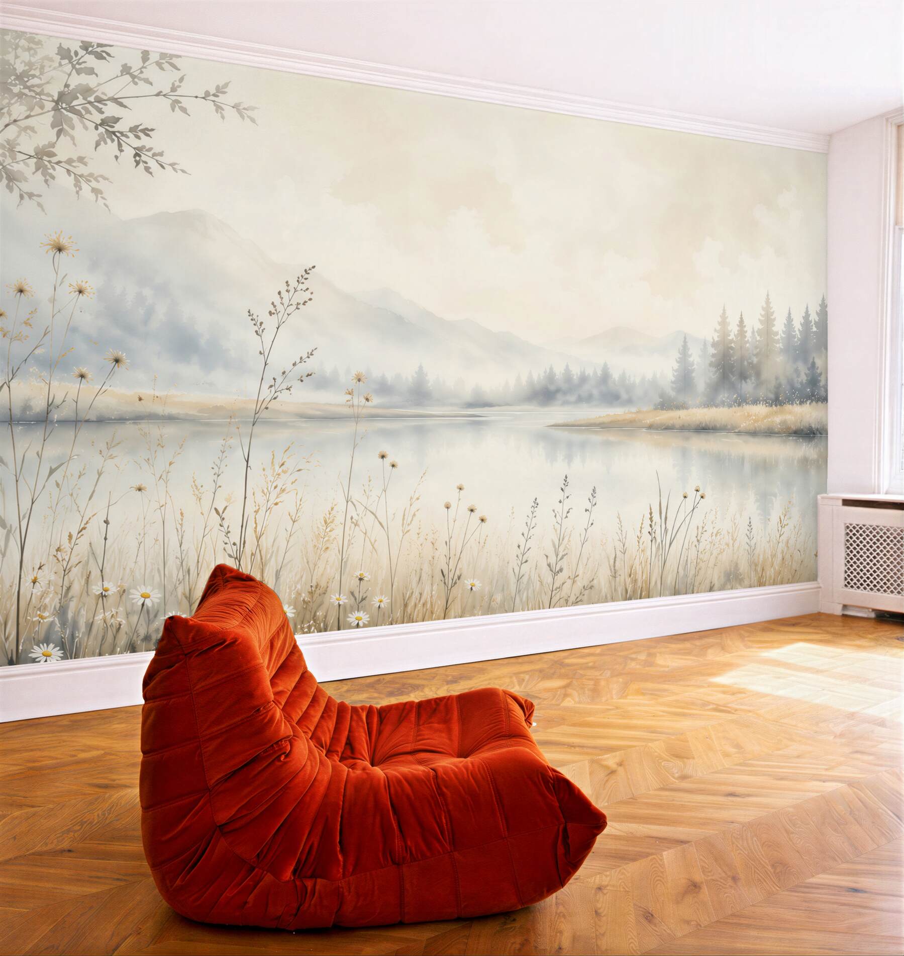 Papier peint paysage brumeux avec lac