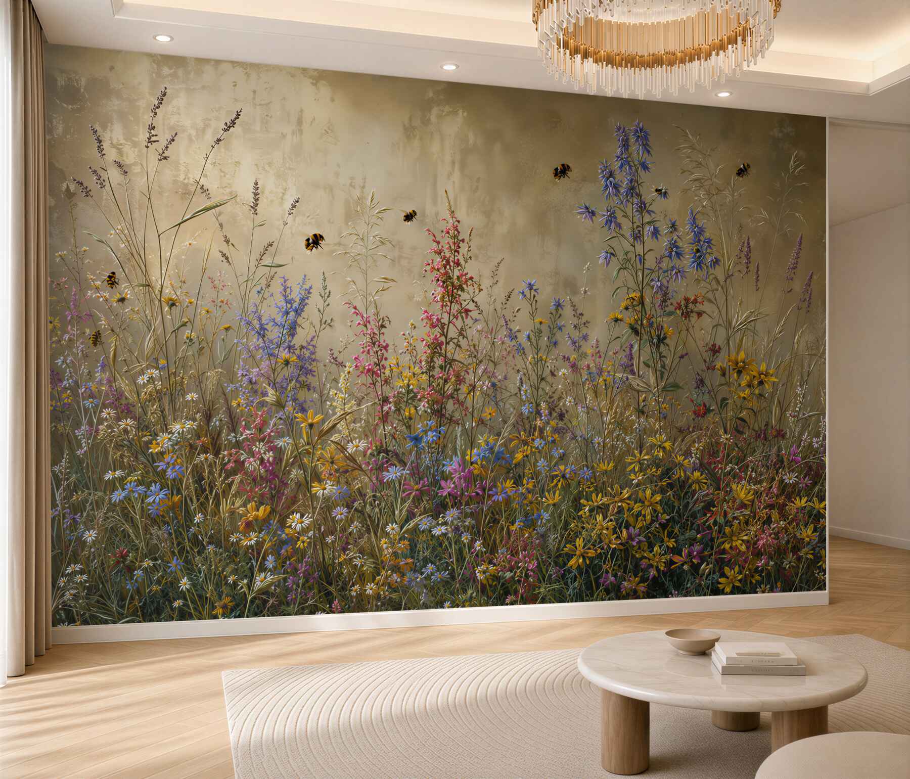 Papier peint fleurs sauvages sur fond doré