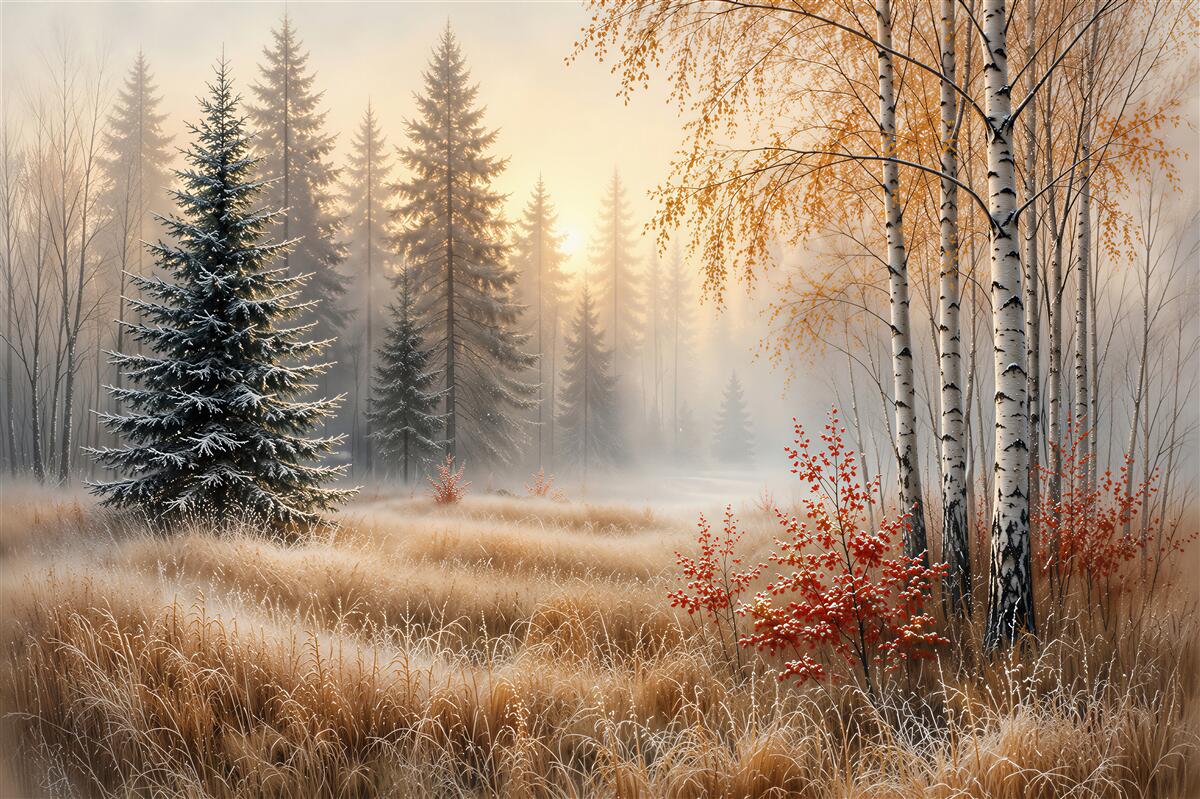 Papier peint forêt d'hiver dans le brouillard