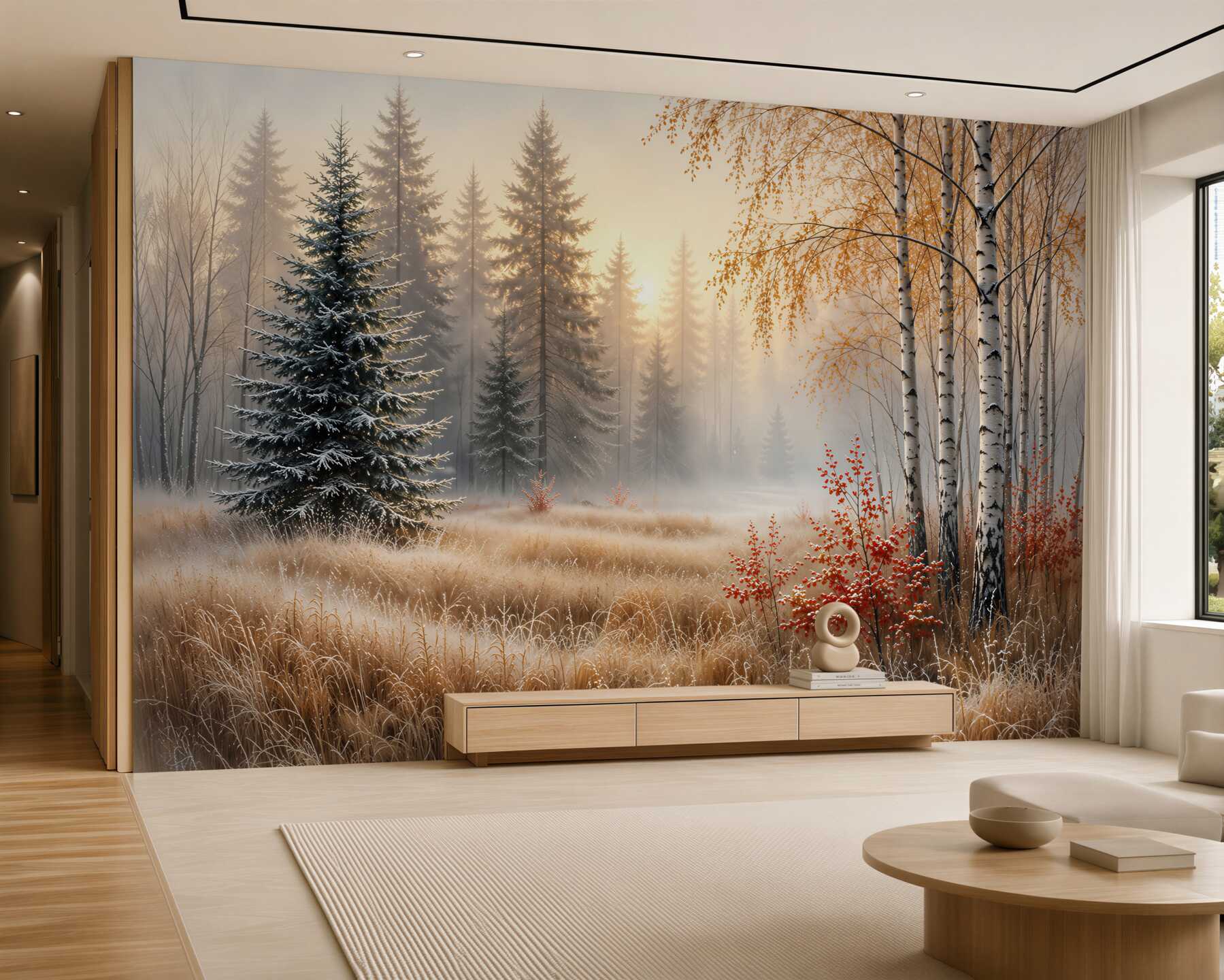 Papier peint forêt d'hiver dans le brouillard