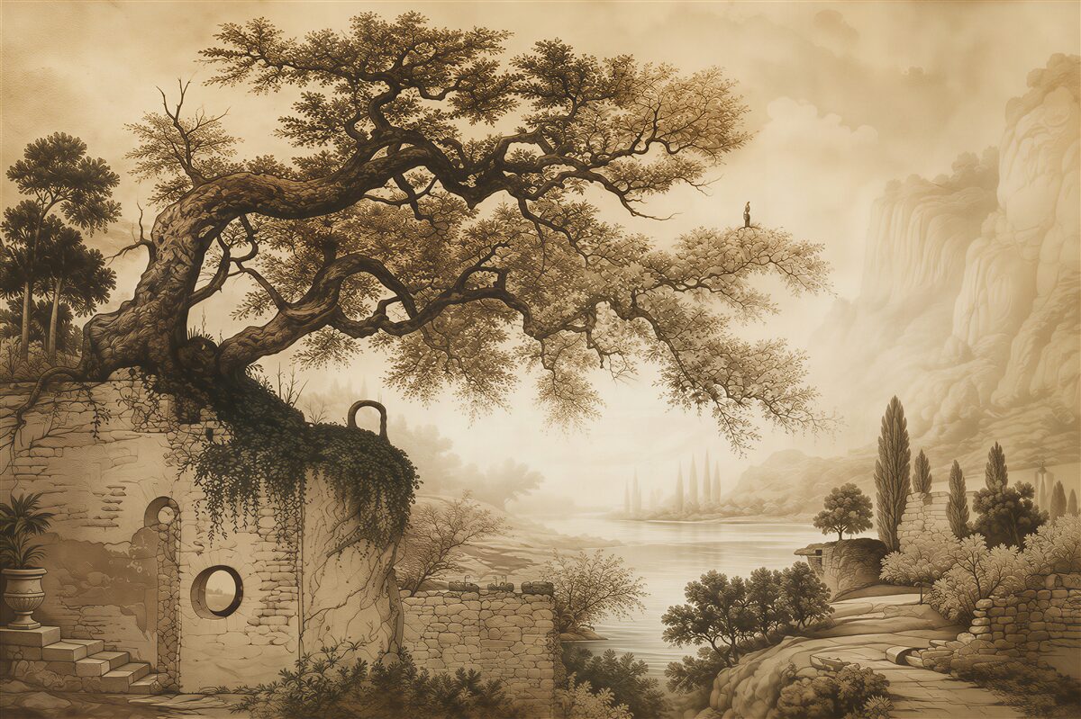 Papier peint paysage avec un arbre et des ruines