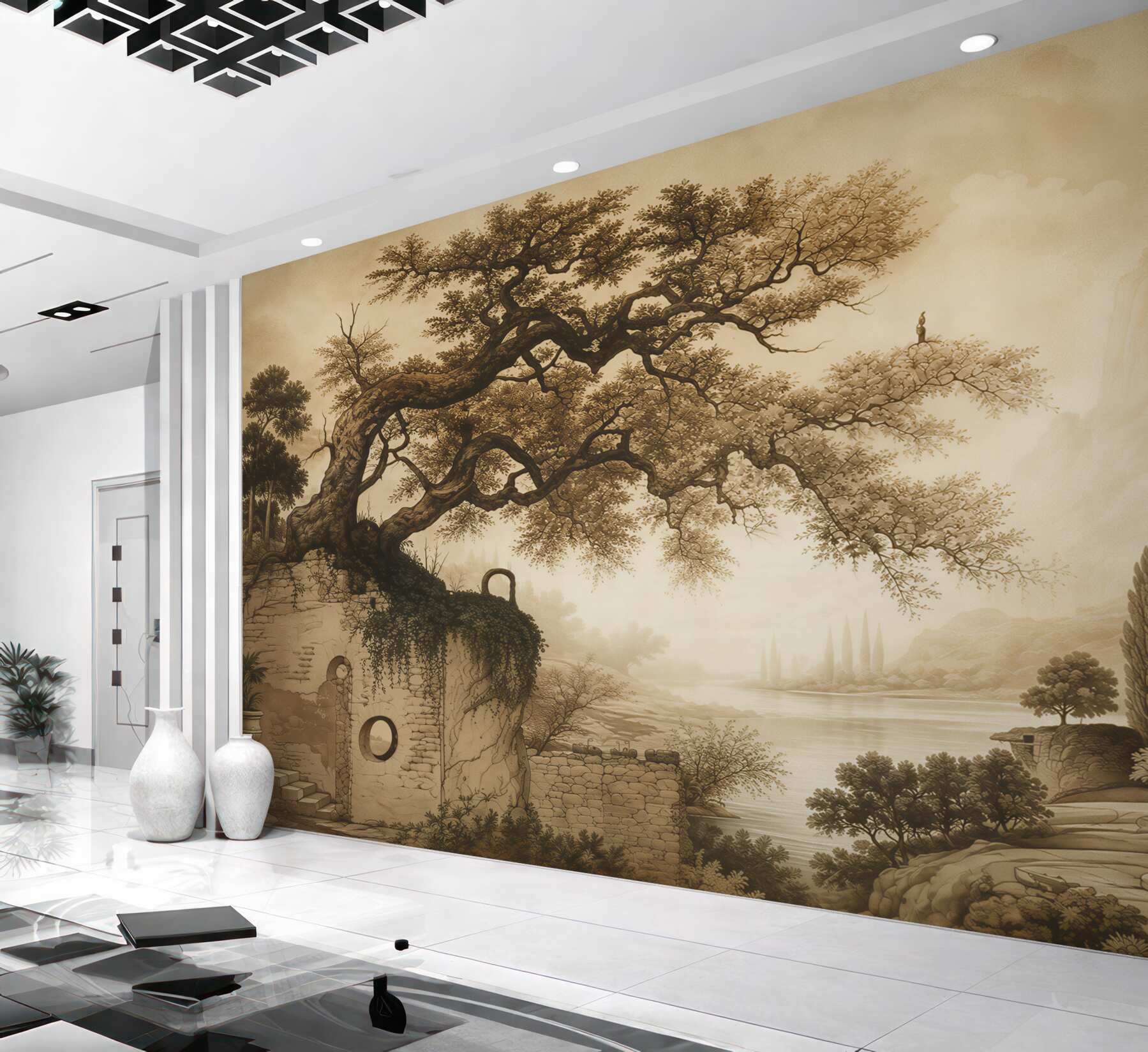Papier peint paysage avec un arbre et des ruines
