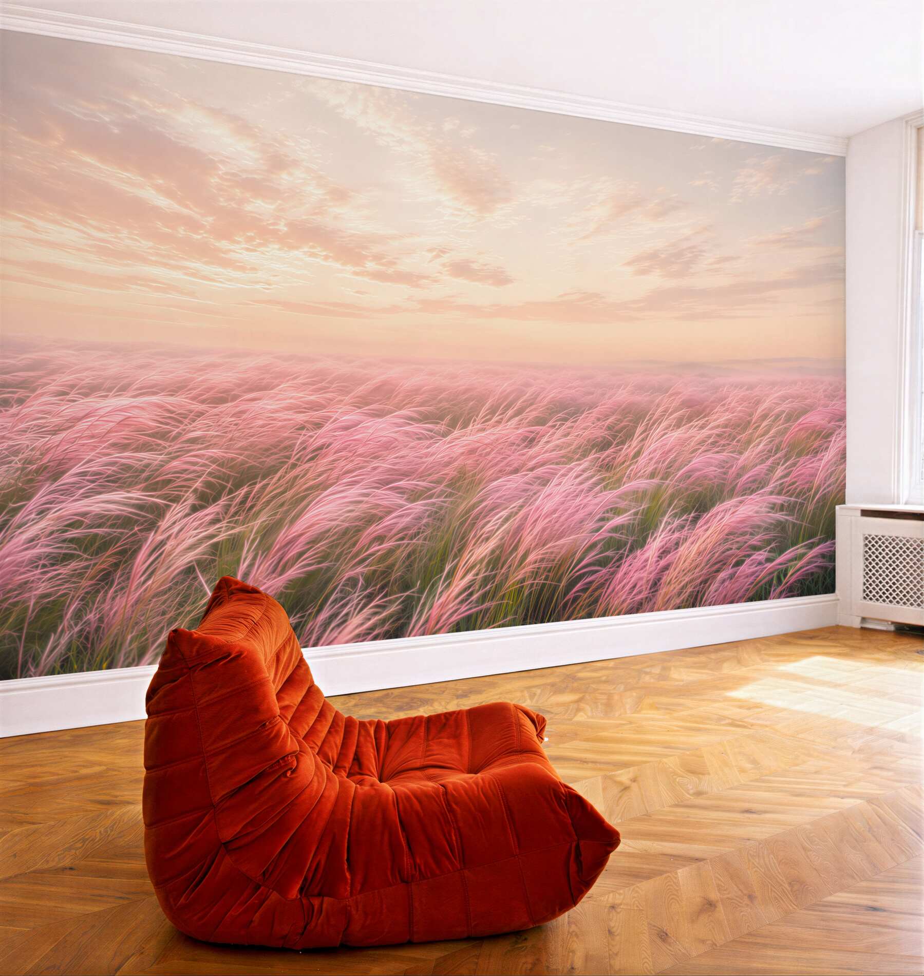 Papier peint herbes roses au lever du soleil