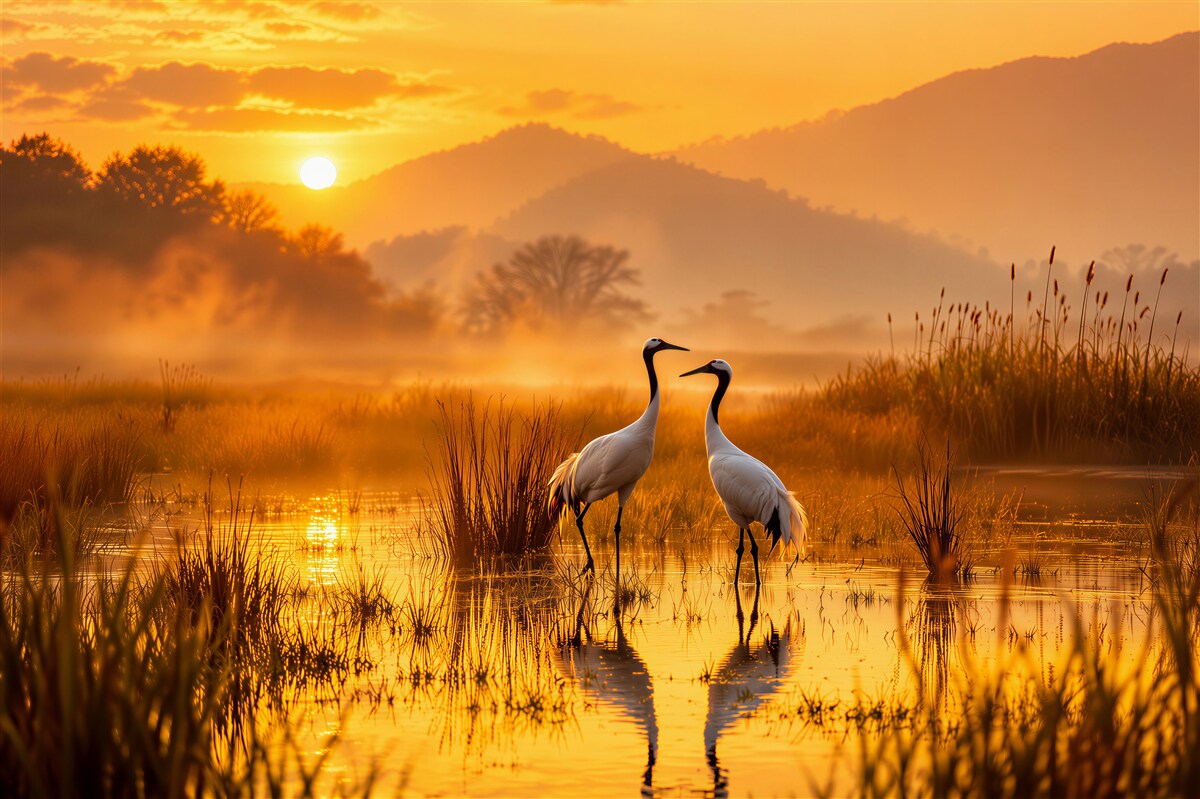 Papier peint grues au coucher de soleil doré