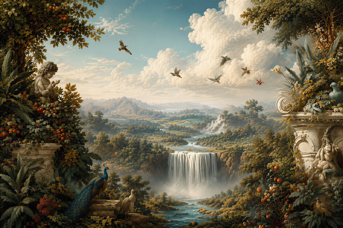 Papier peint cascade et oiseaux dans le paysage