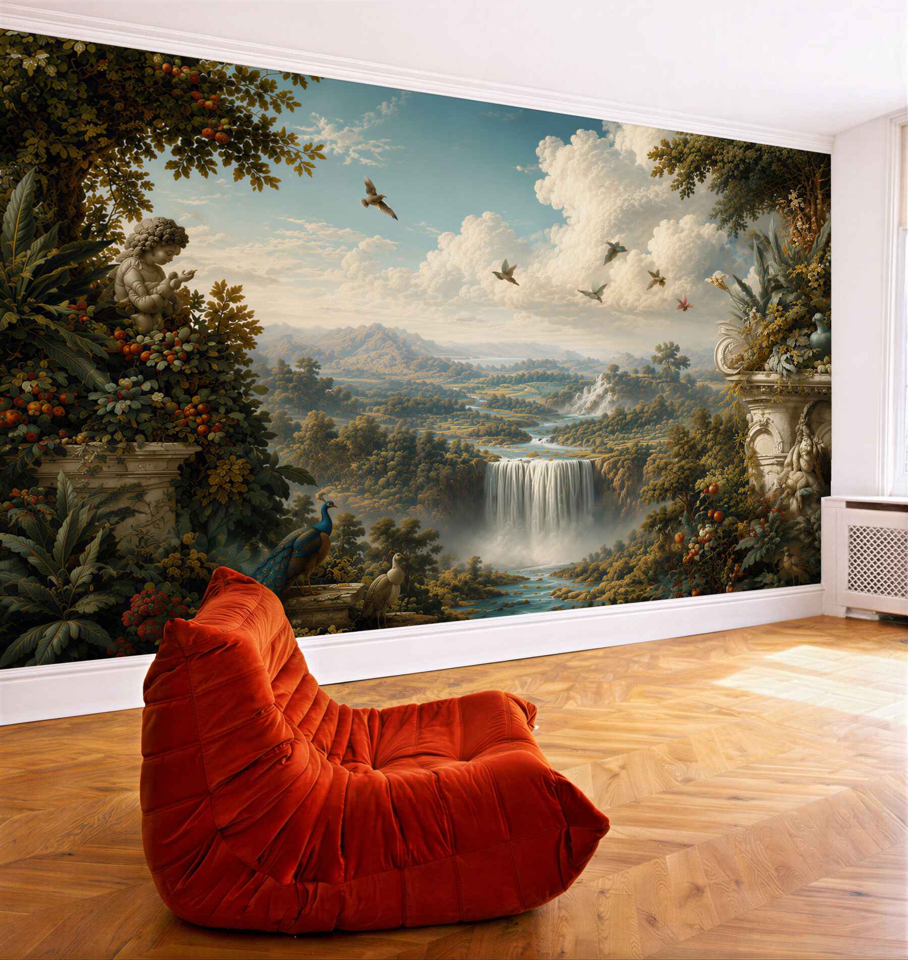 Papier peint cascade et oiseaux dans le paysage