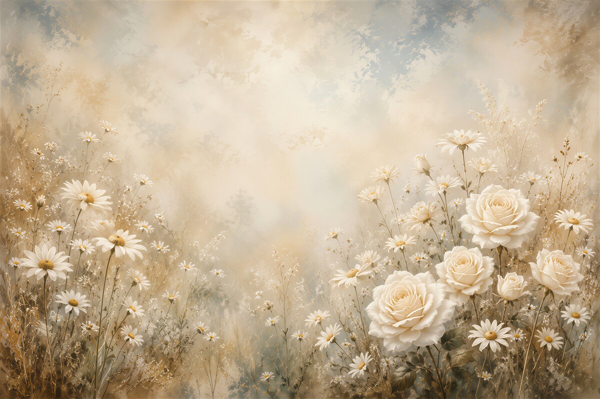 Papier peint roses blanches avec des marguerites