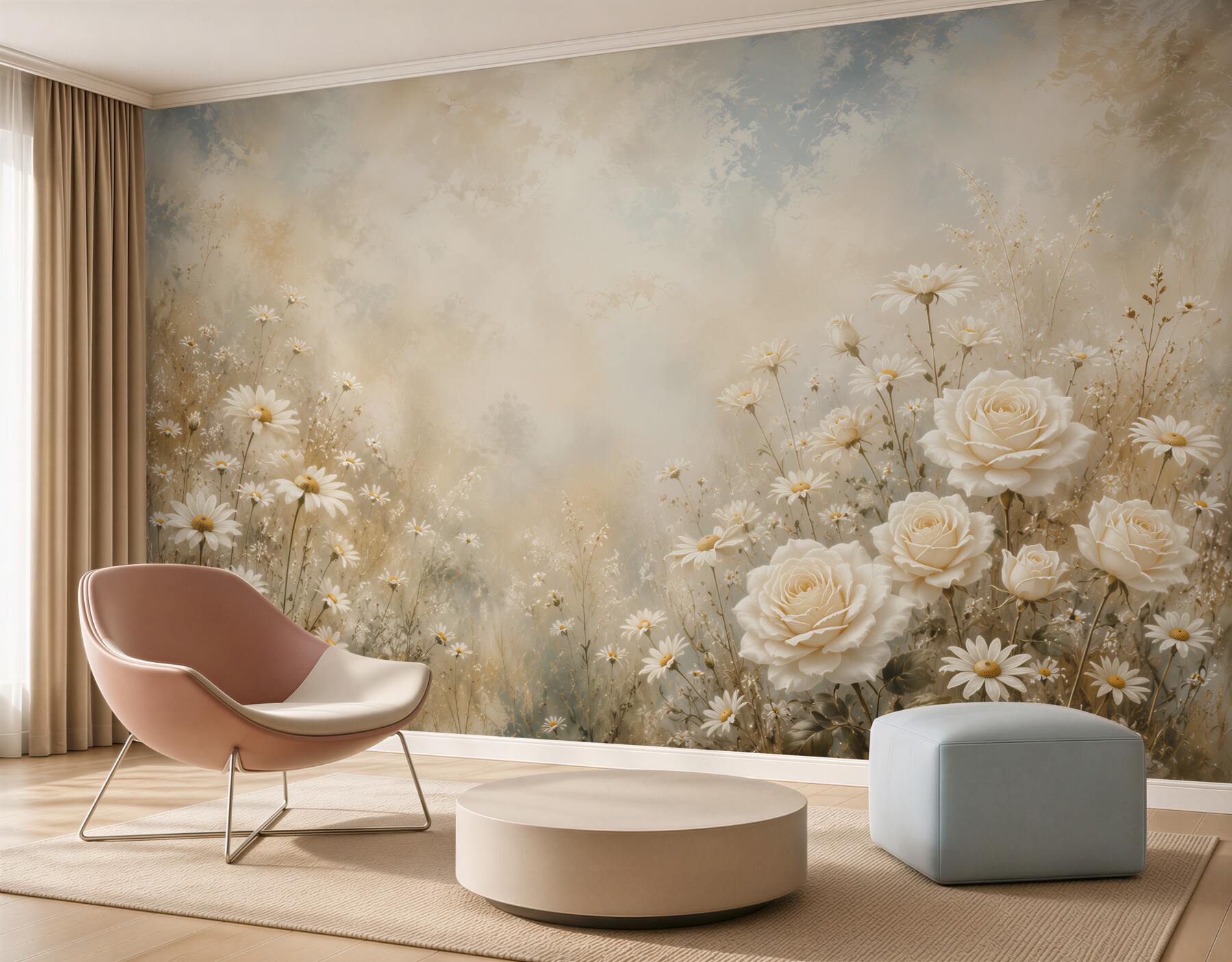 Papier peint roses blanches avec des marguerites