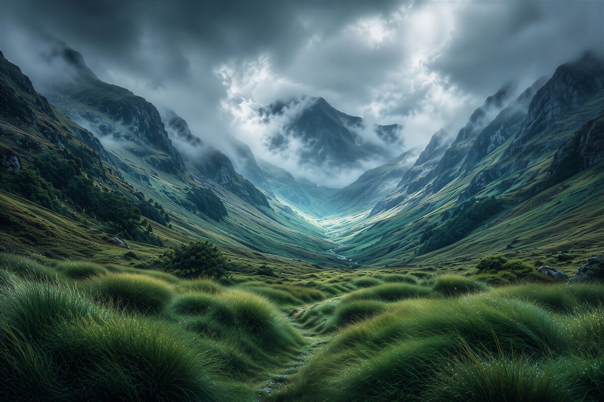 Papier peint vallée de montagne dans le brouillard