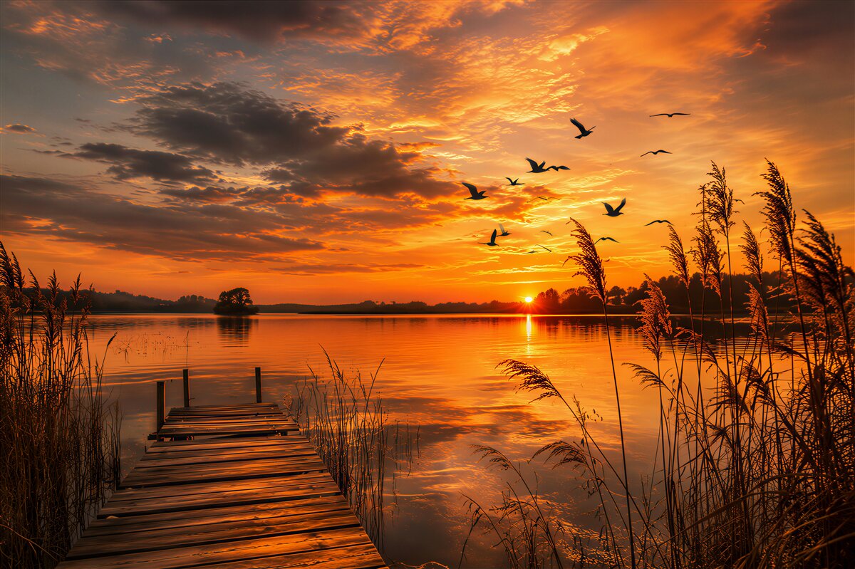 Papier peint coucher de soleil au bord du lac