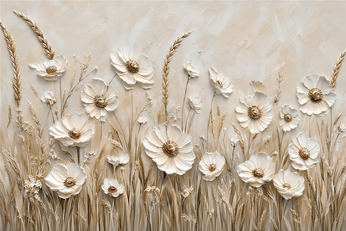 Papier peint fleurs 3D en beige