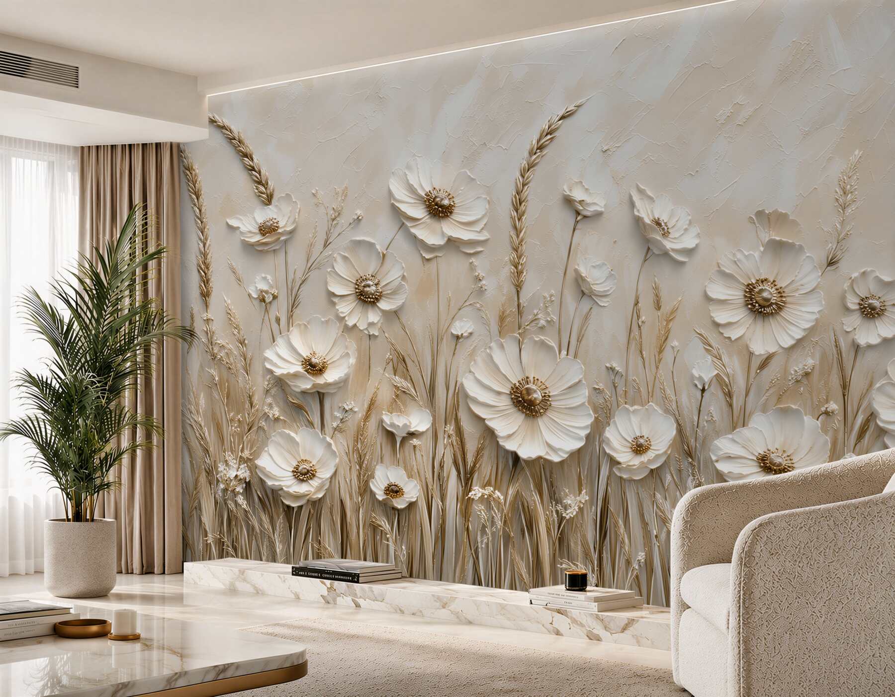 Papier peint fleurs 3D en beige