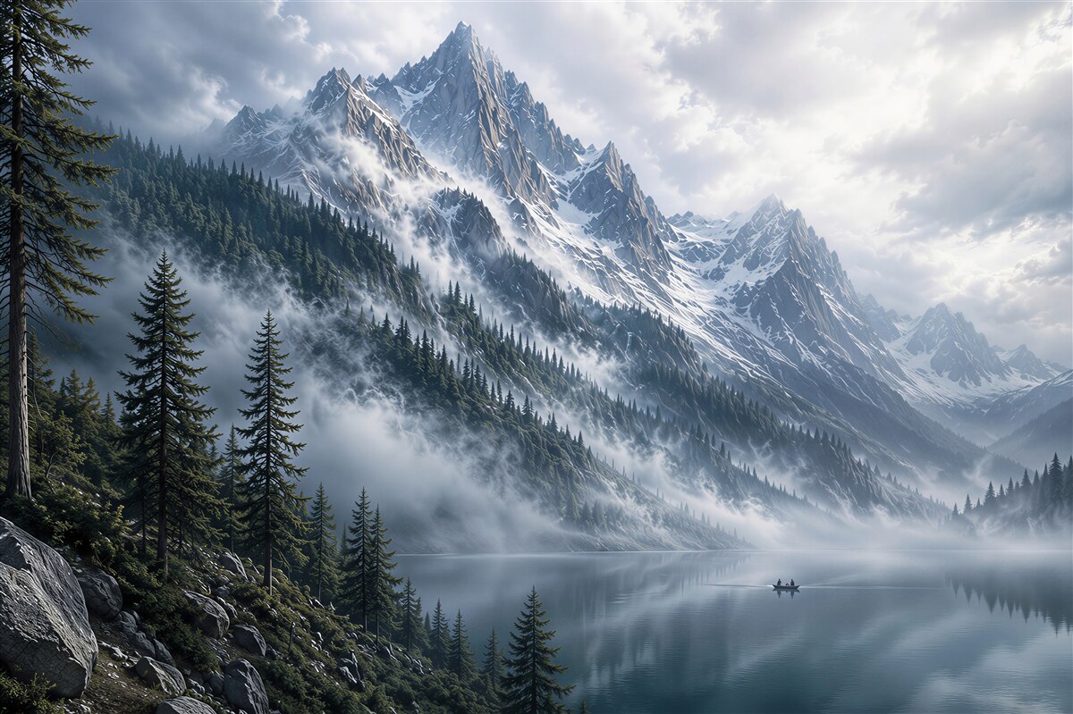 Papier peint lac de montagne dans le brouillard