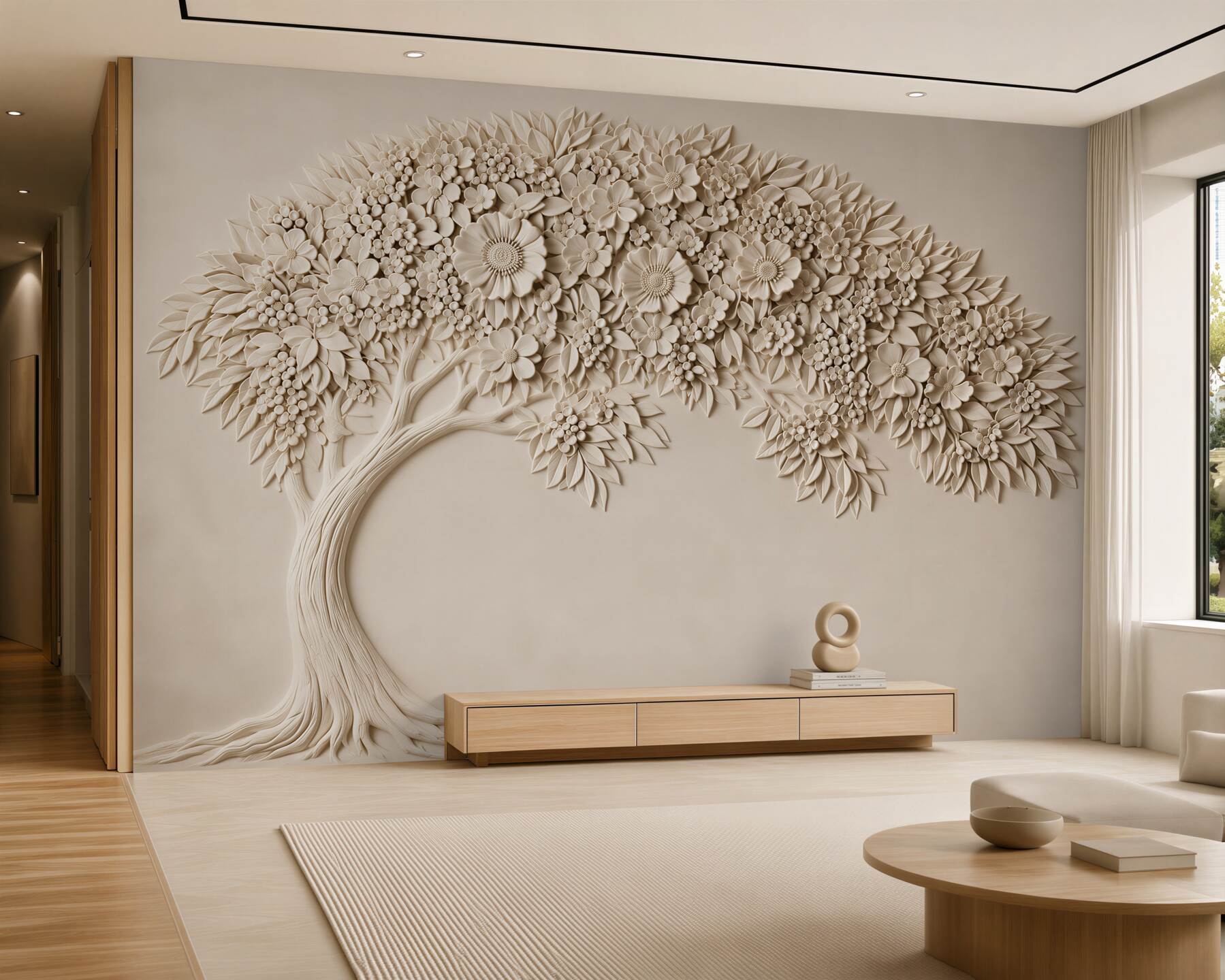 Papier peint arbre avec feuilles et fleurs