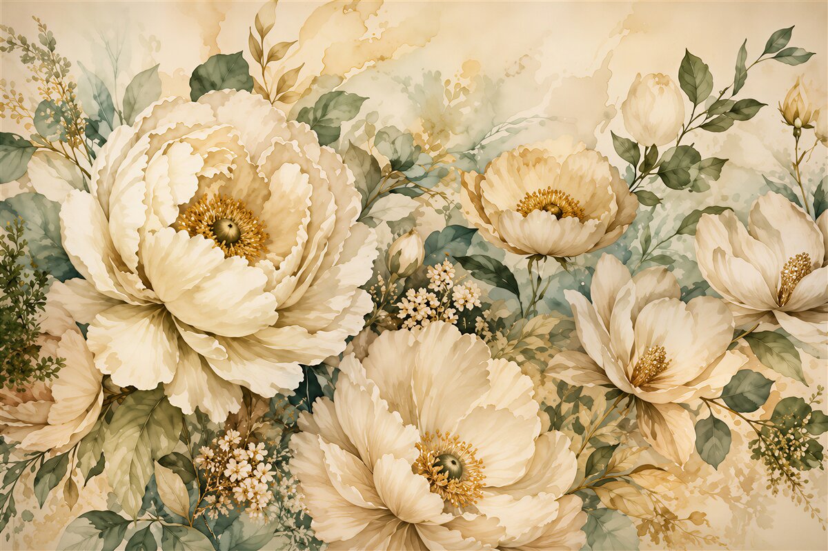 Papier peint pivoines blanches avec feuilles vertes