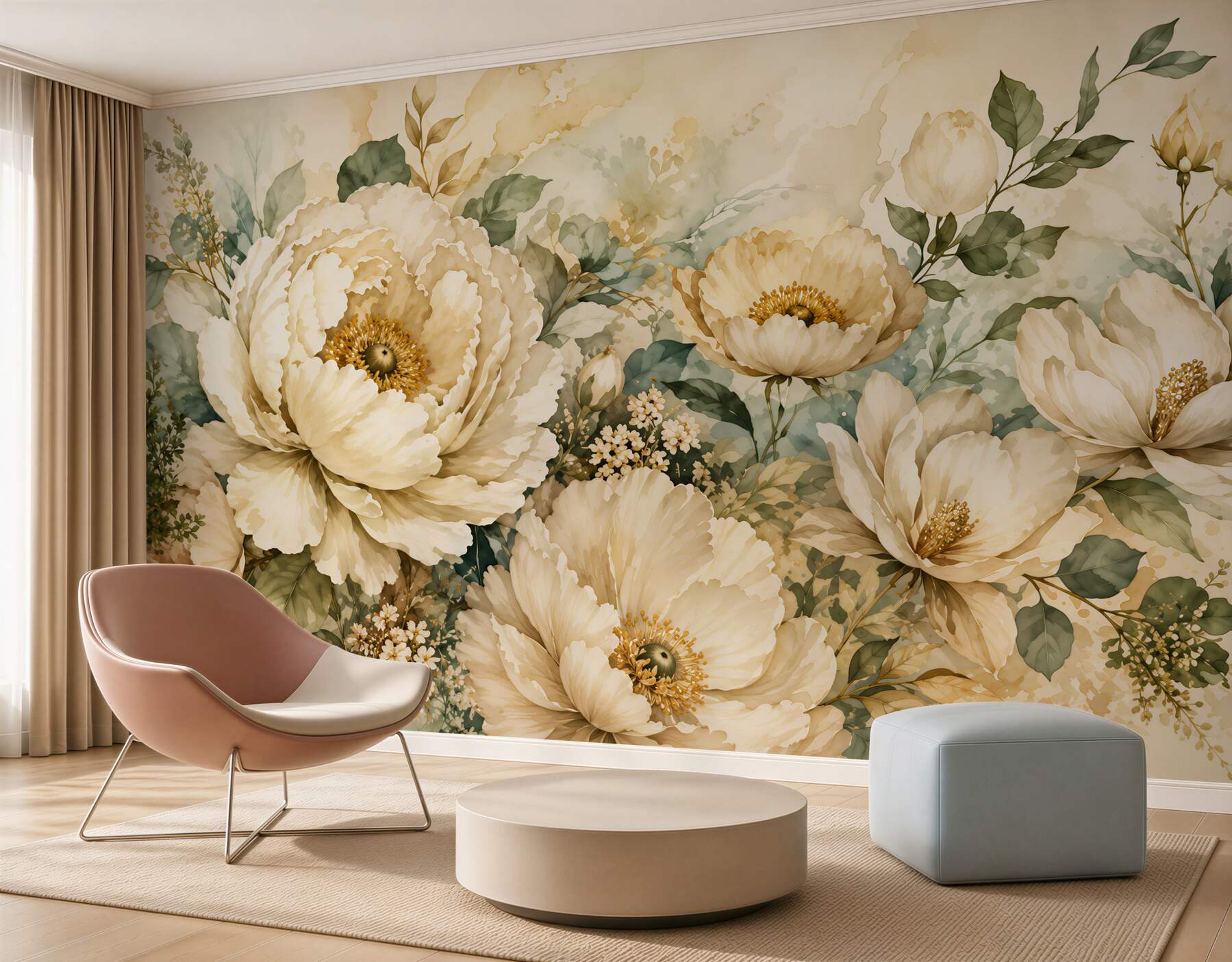 Papier peint pivoines blanches avec feuilles vertes