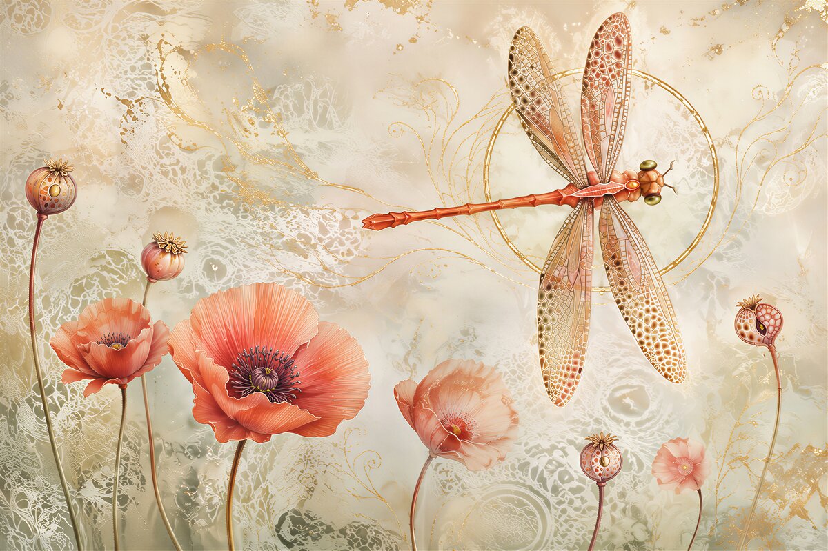 Papier peint libellule et coquelicots