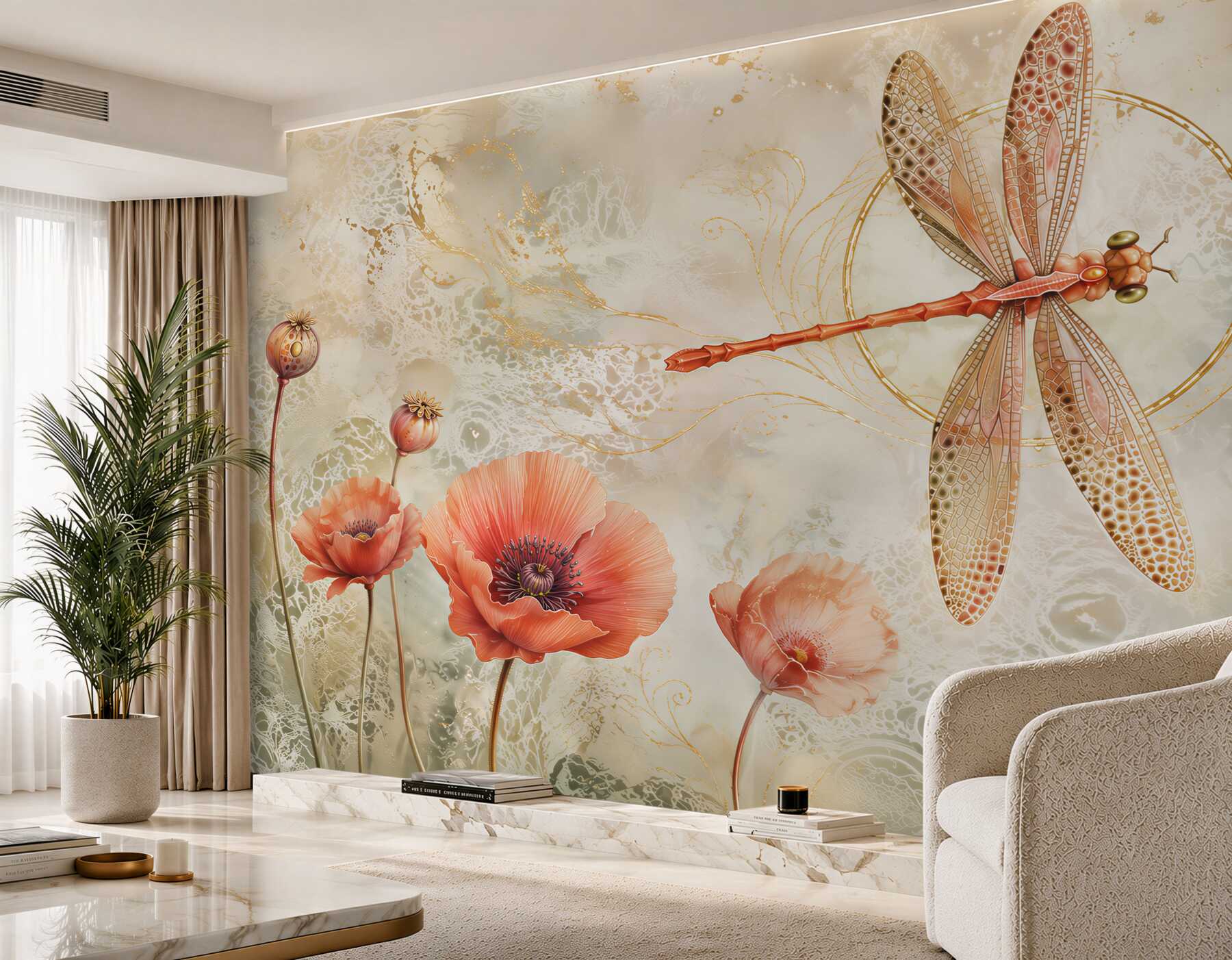 Papier peint libellule et coquelicots