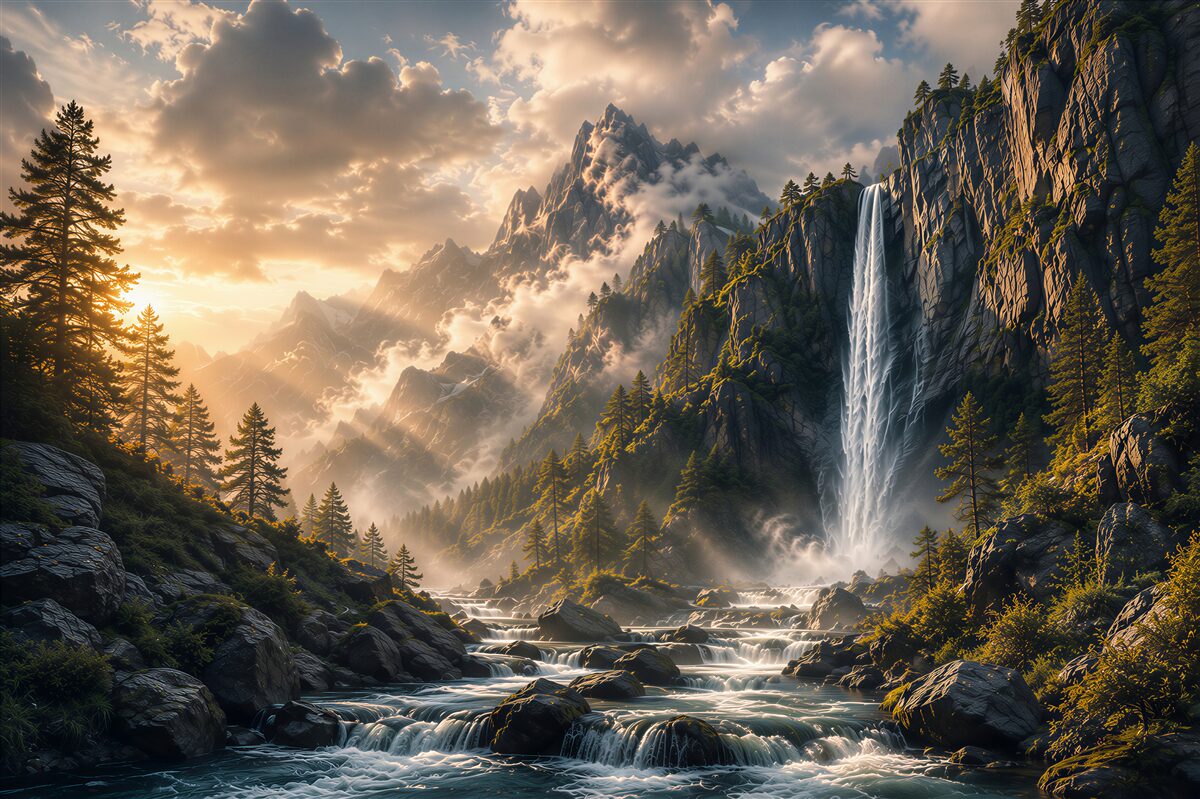 Papier peint cascade de montagne au coucher du soleil