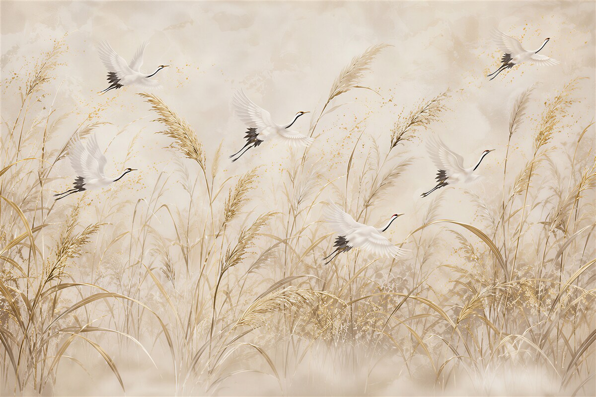 Papier peint oiseaux sur fond d'herbe