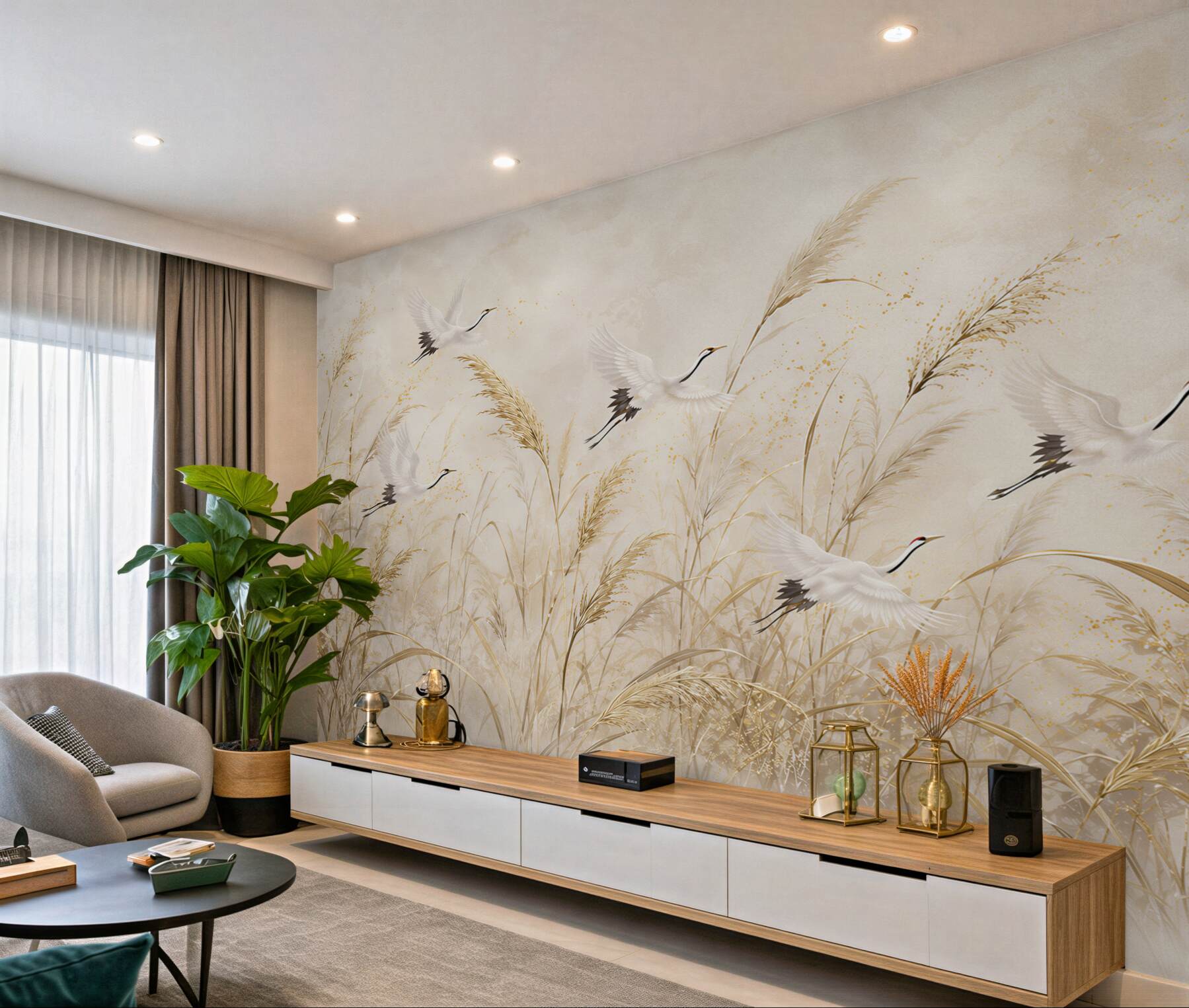 Papier peint oiseaux sur fond d'herbe