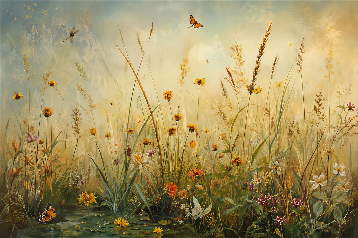 Papier peint prairie avec des fleurs