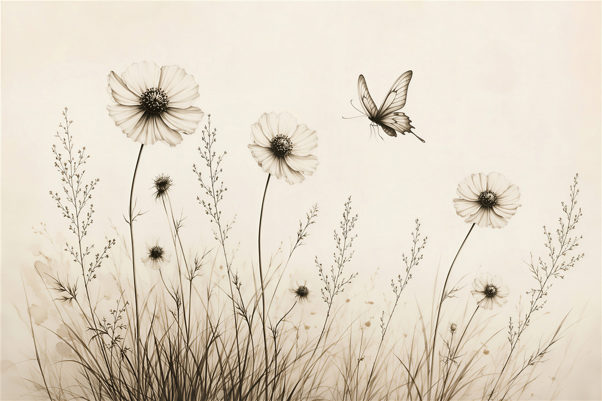 Papier peint fleurs et papillon