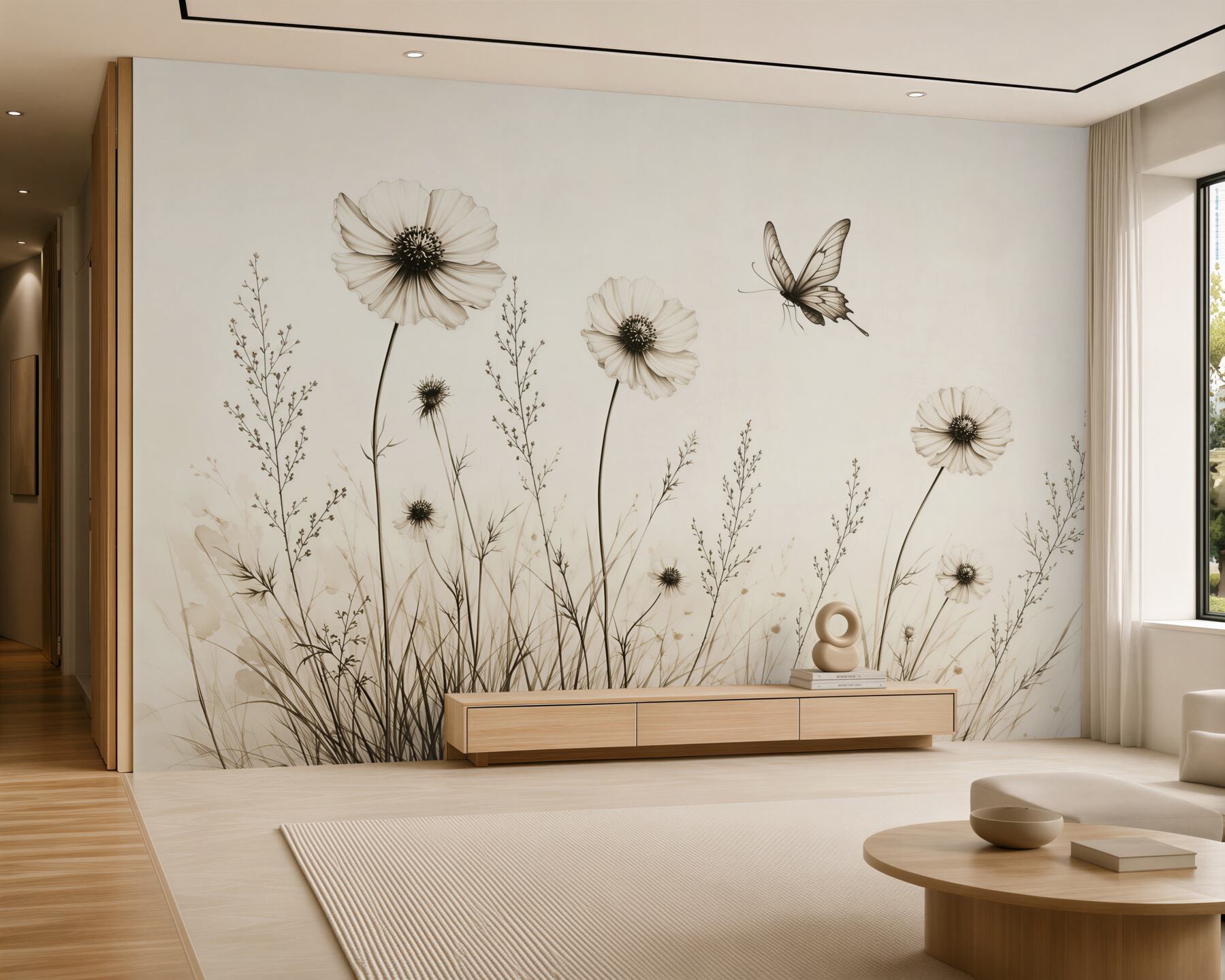 Papier peint fleurs et papillon