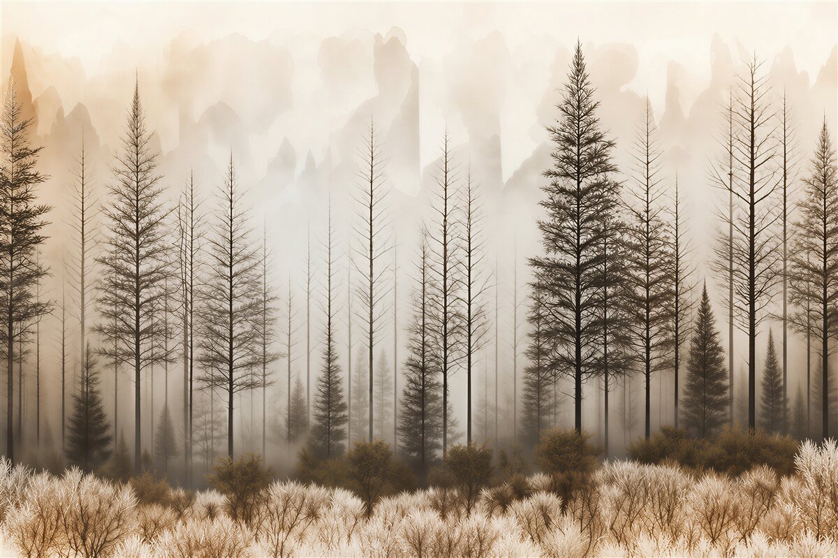 Papier peint forêt dans le brouillard