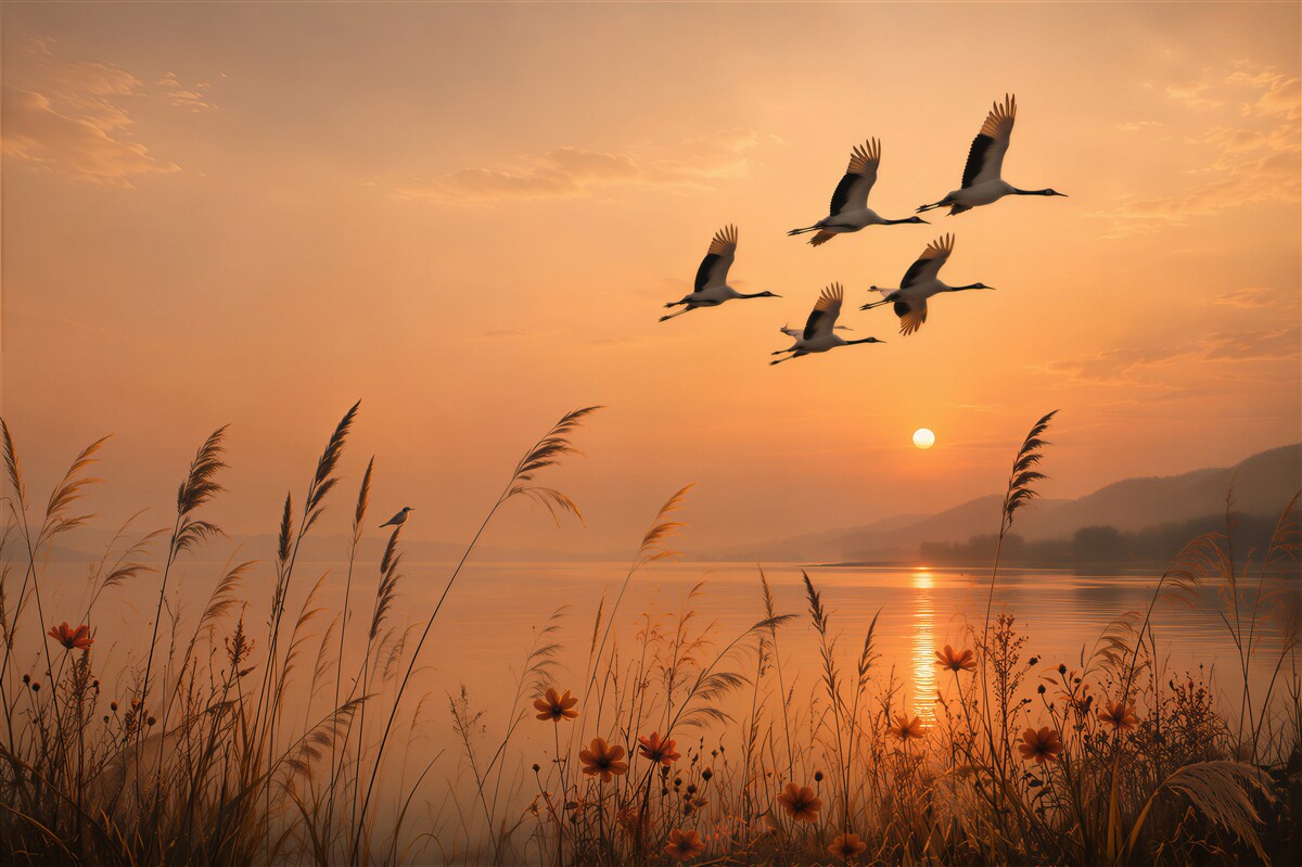 Papier peint coucher de soleil avec des grues