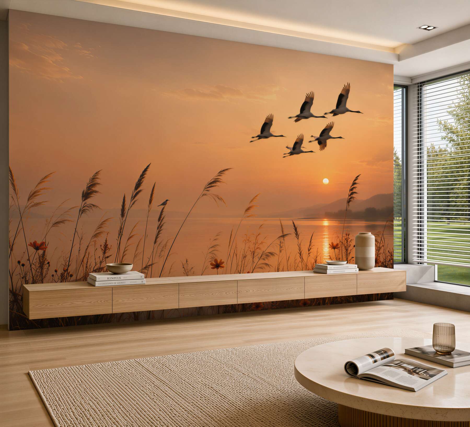 Papier peint coucher de soleil avec des grues