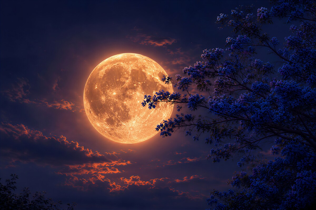 Papier peint lune derrière les arbres