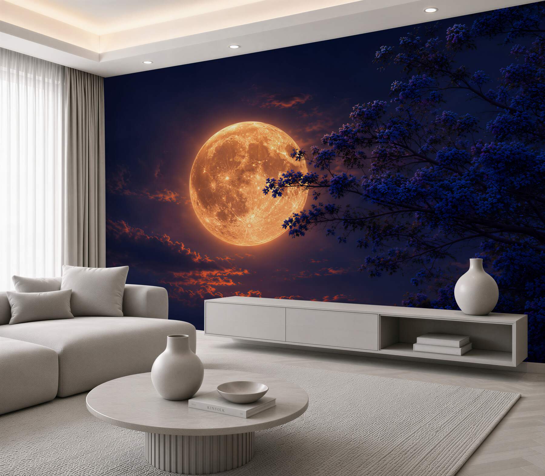 Papier peint lune derrière les arbres