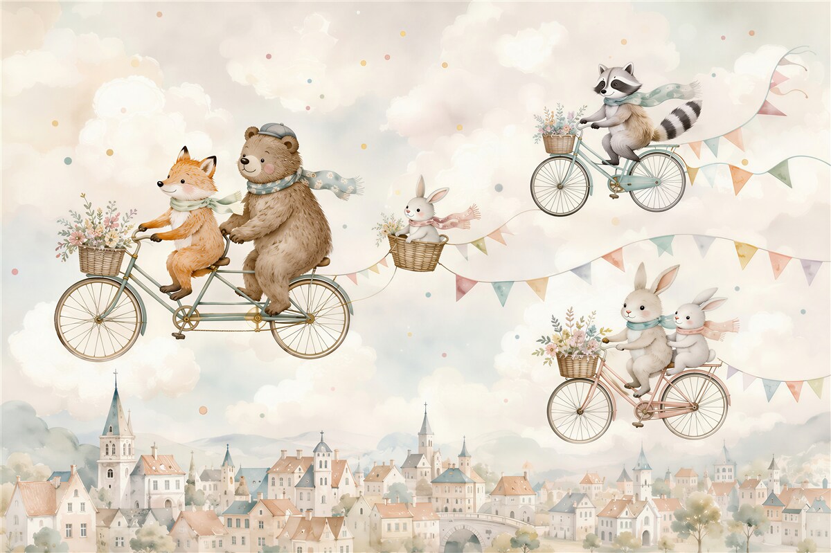 Papier peint animaux de conte de fées à vélo