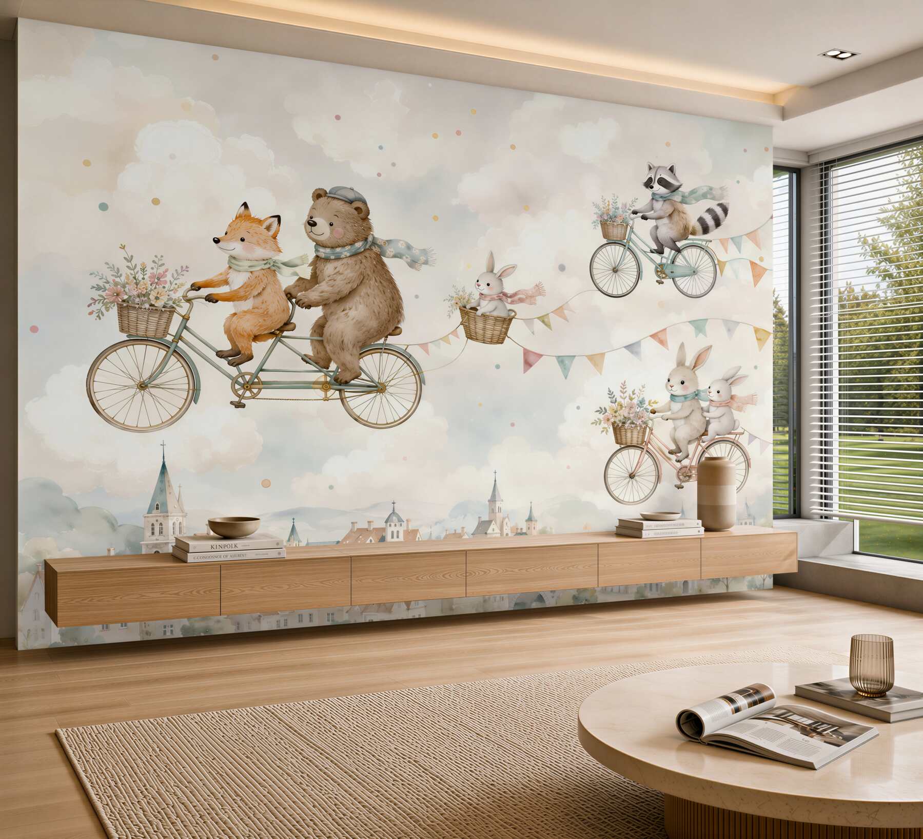 Papier peint animaux de conte de fées à vélo