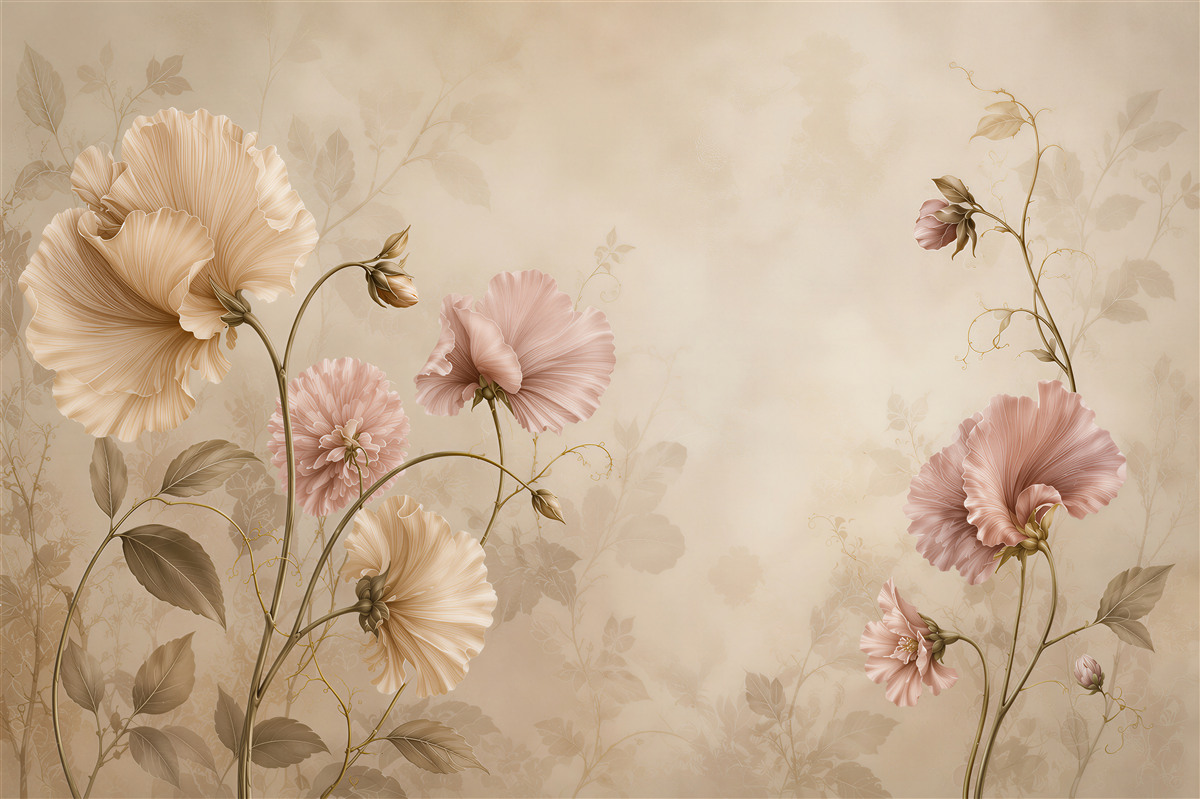 Papier peint fleurs délicates en beige