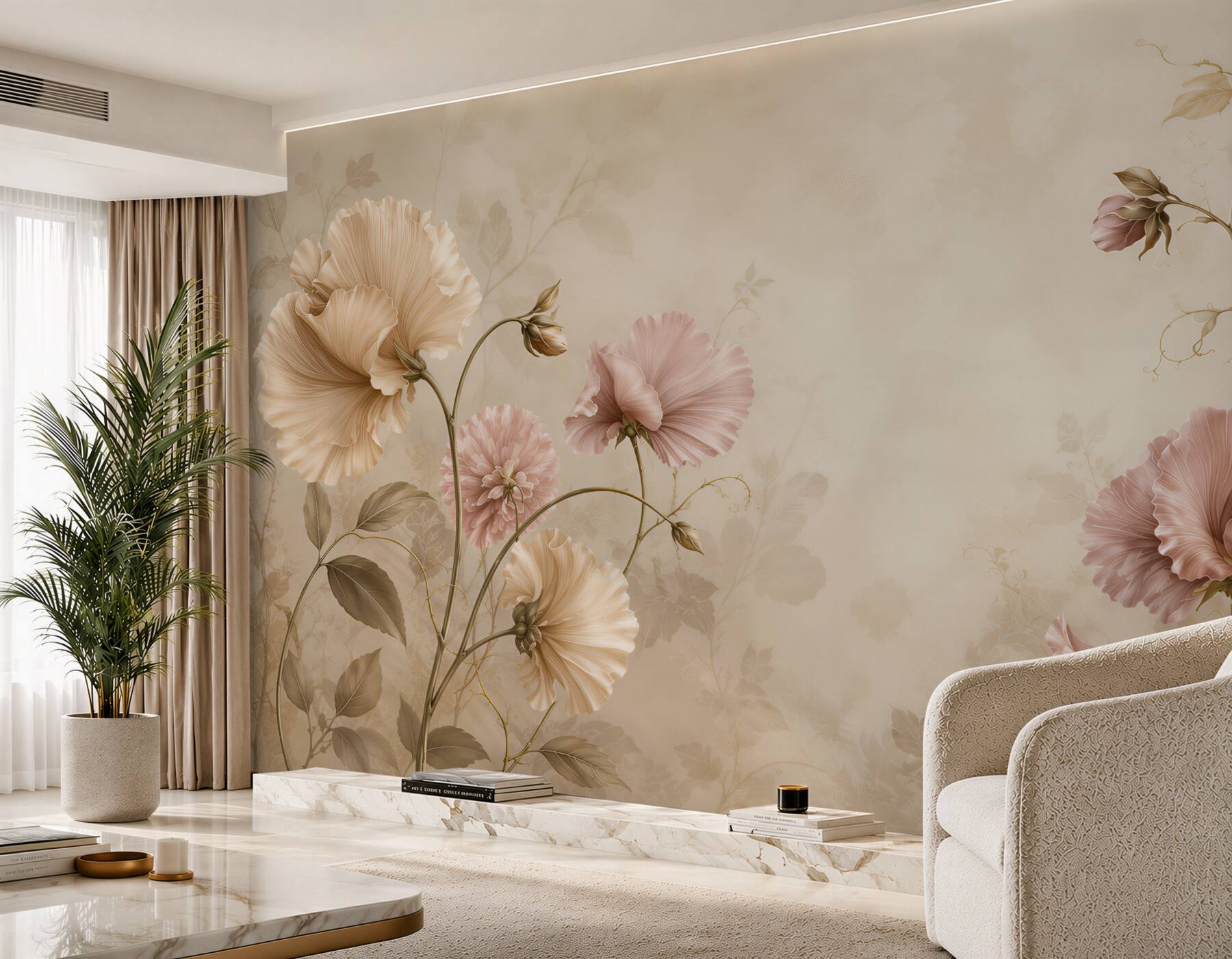 Papier peint fleurs délicates en beige