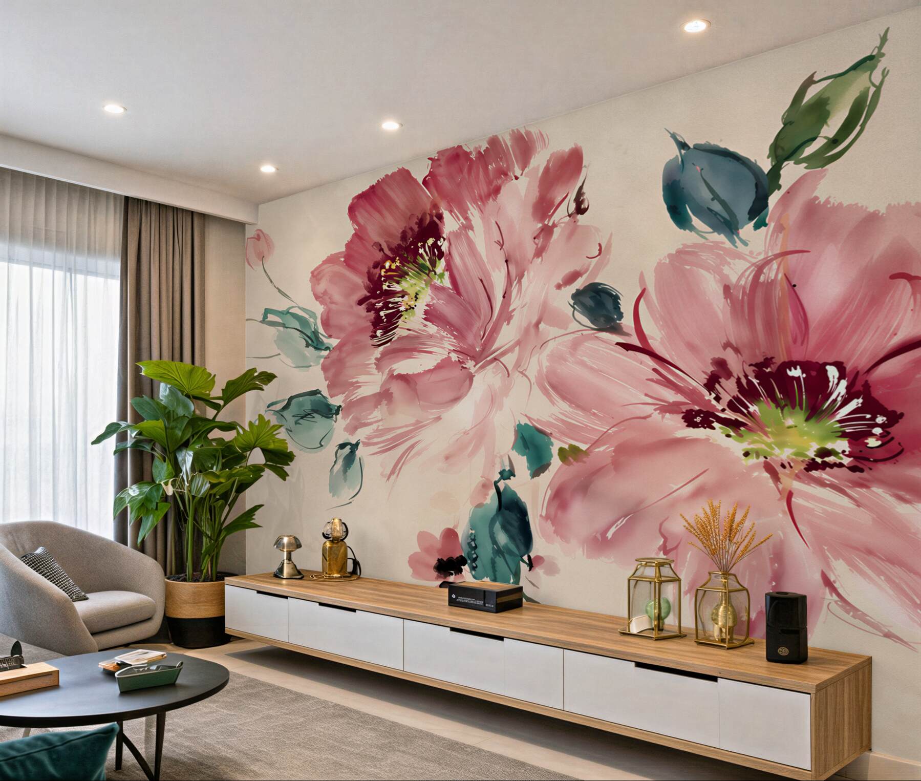 Papier peint fleurs roses aquarelle